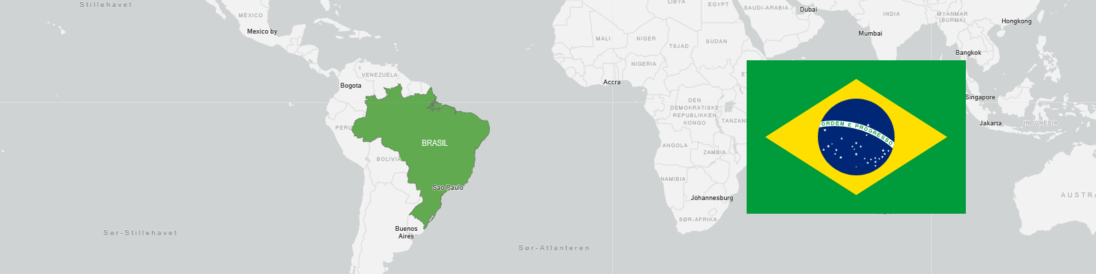 Flagget til Brasil er grønt med en stor gul rute midt på, en blå kule med 27 hvite stjerner og skriften ORDEM E PROGRESSO tvers over kulen